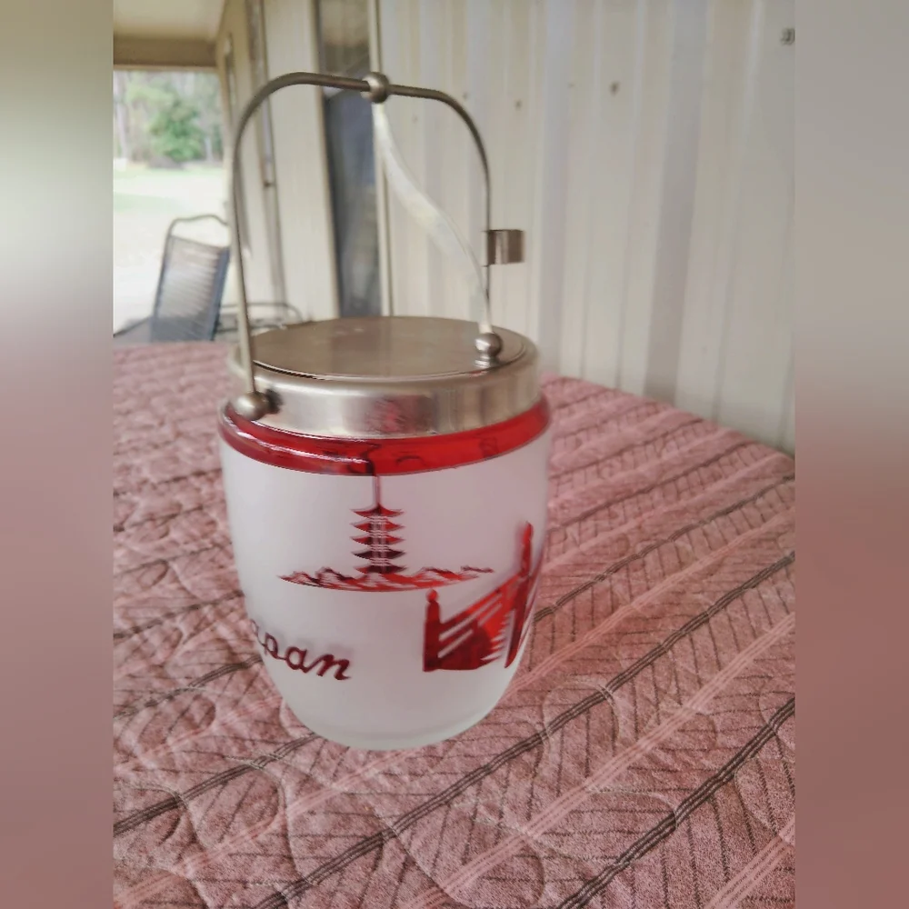 Vintage MCM Noritake Frosted Ruby Red Ice Bucket & Tongs Japan Asian Barware Bar